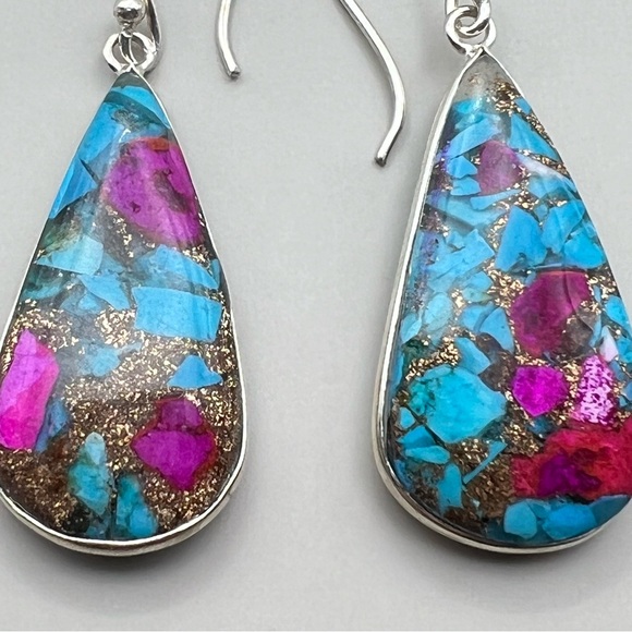 New Sim Blue Turquoise and Fuchsia Spiny Oyster Acrylic Silver Overlay Earrings - Picture 3 of 7